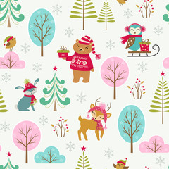 Wall Mural - Cute Christmas forest pattern