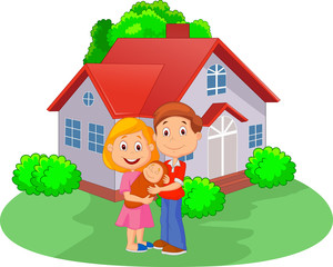 Wall Mural - Young couple with newborn son in front of the house