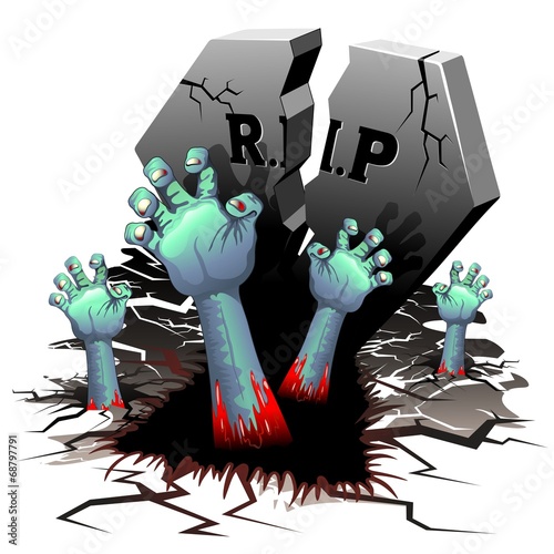 Plakat na papierze fotorealistycznym Przerażające ręce zombie na cmentarzu