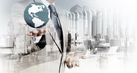 Wall Mural - Double exposure of business  holding the earth and abstract city