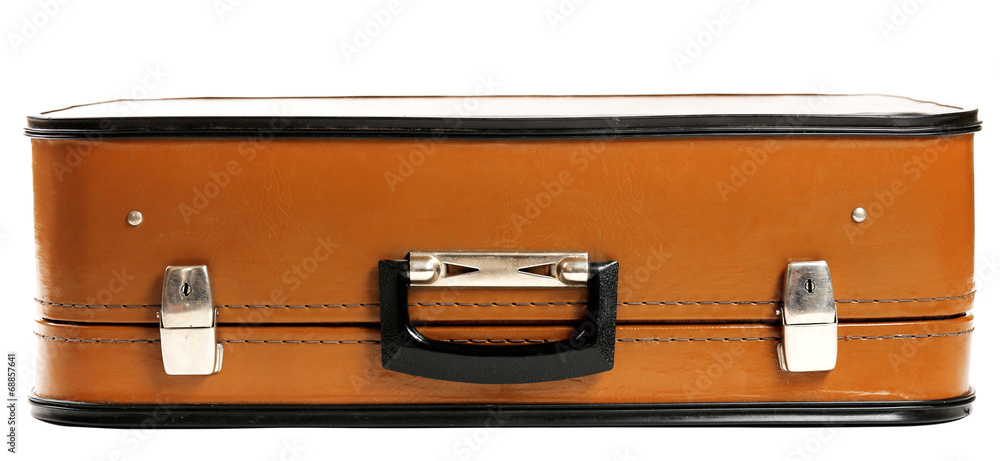 Vintage old travel suitcase, isolated on white
