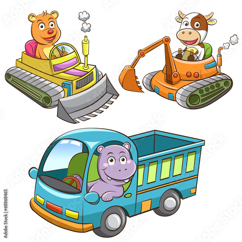 Naklejka dekoracyjna set of construction vehicle animal cartoon.