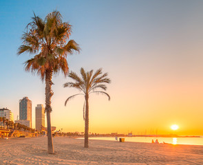 Wall Mural - barceloneta beach in barcelona at sunrise