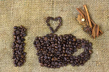 Wall Mural - I love coffee symbols made of coffee beans on sack background