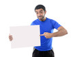 © Wordley Calvo Stock - young attractive sport man holding blank billboard as copy space