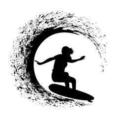 Wall Mural - silhouette of the surfer on an ocean wave in style grunge