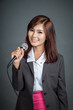 © halfbottle - Asian business girl hold a microphone