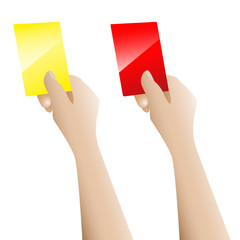 Hand holding up the red card and yellow card vector on white bac