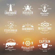 Set Of Vintage Nautical Labels Or Signs With Retro Typography On