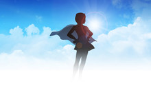 Silhouette Of A Superheroine On Clouds
