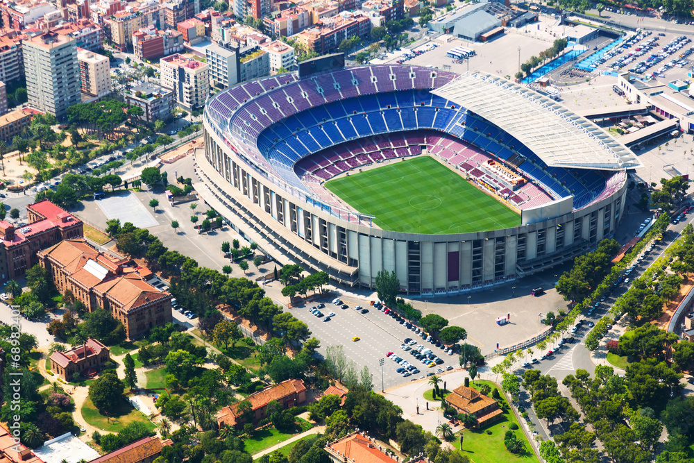 Largest stadium of Barcelona from helicopter. Catalonia - obrazy, fototapety, plakaty 