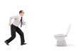Man rushing to a urinal and holding toilet paper