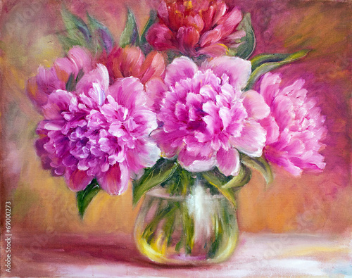 Fototapeta na wymiar Peonies in vase, oil painting on canvas