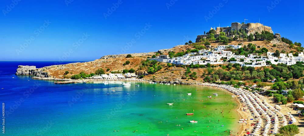 scenic Rhodes island, Lindos bay. Greece - obrazy, fototapety, plakaty 