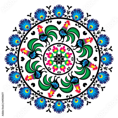 Naklejka - mata magnetyczna na lodówkę Polish traditional folk art pattern in circle with roosters