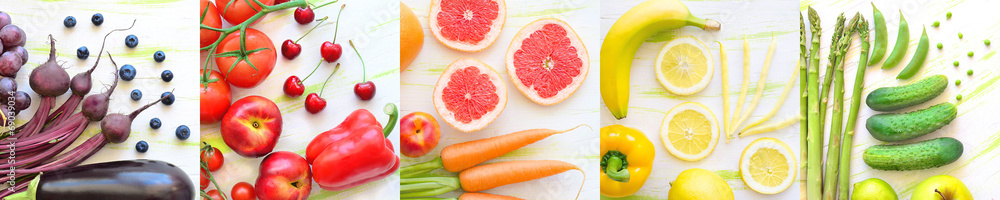Obraz na płótnie kolaż owoce i warzywa w kolorach tęczy w salonie