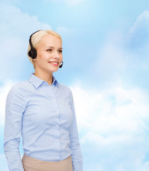 Poster - friendly female helpline operator with headphones