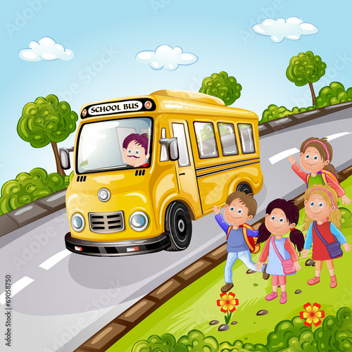 Obraz na płótnie canvas czteroczęściowy "tetraptyk" Ilustracja dzieci i autobus szkolny w przyrodzie