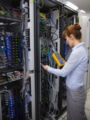 Poster - Technician using digital cable analyzer on server