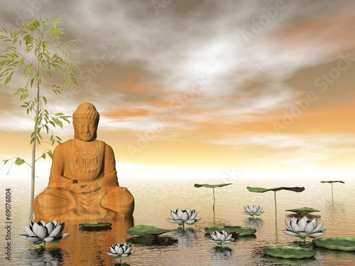 Obraz na płótnie canvas czteroczęściowy "tetraptyk" Budda w przyrodzie - 3d render