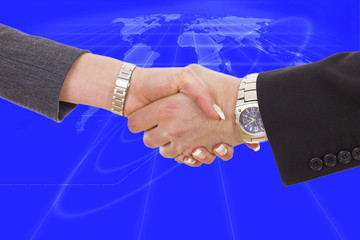 handshake between business people with global network planet map