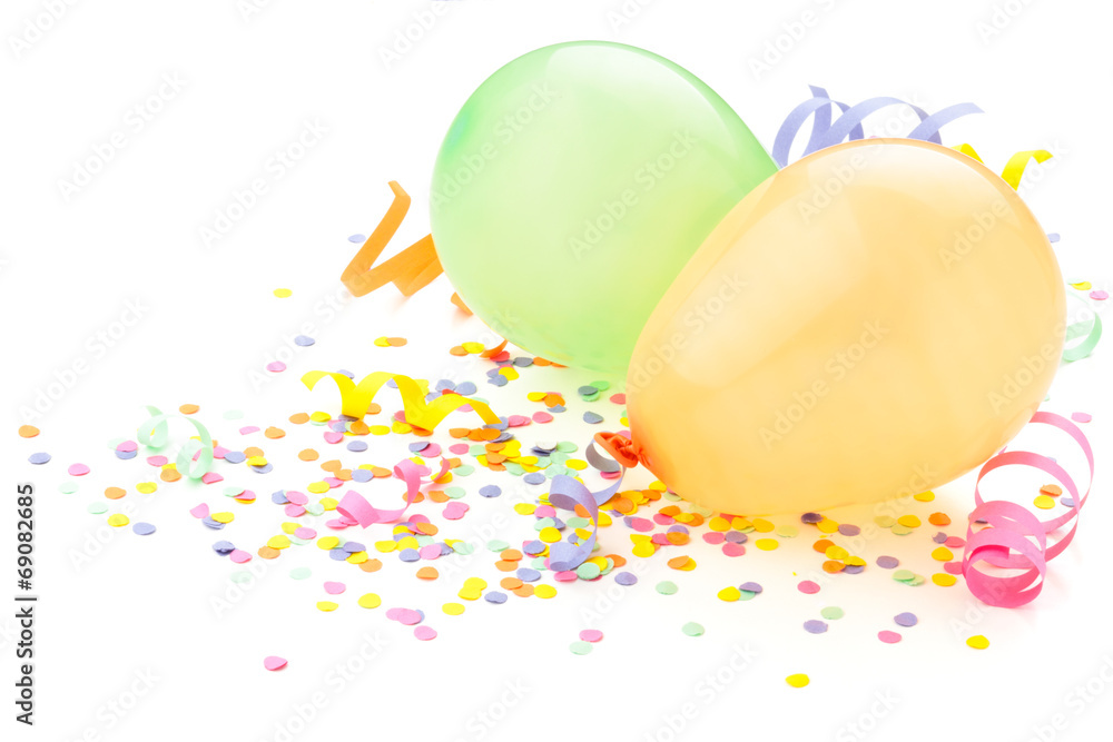 Birthday arrangement. Balloons and confetti isolated on white. - obrazy, fototapety, plakaty 