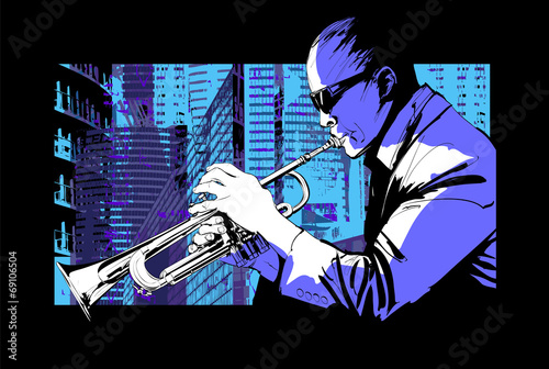 Obraz na płótnie canvas dwuczęściowy "dyptyk" Jazzowy trębacz na tle miasta