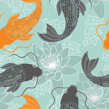 Fototapete -  - Chinese carps seamless pattern