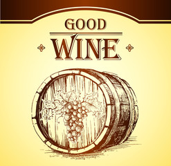 Fototapete - Wine cask . labels for wine with grapes. Barrel. Ceg
