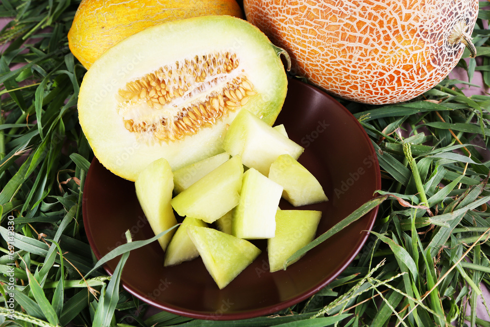 Slices of melon on brown plate on fresh grass background