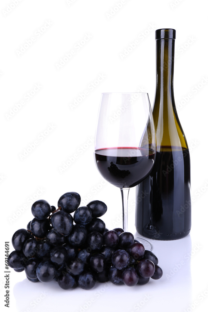 Tasty wine and ripe grape, isolated on white