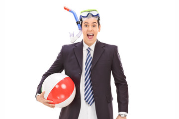 Sticker - Businessman with a diving equipment and a beach ball