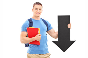 Poster - Male student holding a big black arrow pointing down