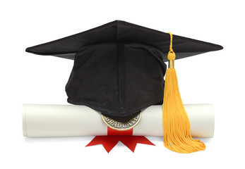 diploma and black grad hat