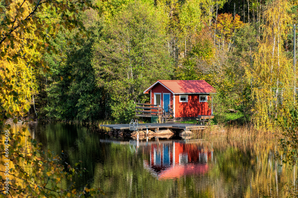 Traditional Swedish summer cottage during autumn - obrazy, fototapety, plakaty 
