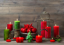 Christmas Decoration With Burning Candles. Nostalgic Home Interi