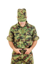 Military Soldier In Camouflage Uniform And Hat Fastened Belt