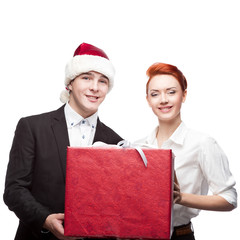 Poster - business people santa hat holding present