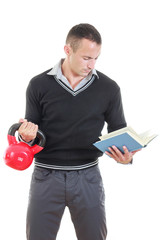 business man in black sweater with shirt and pants lifting red d