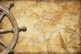 Fototapeta Mapy - aged treasure map with steering wheel