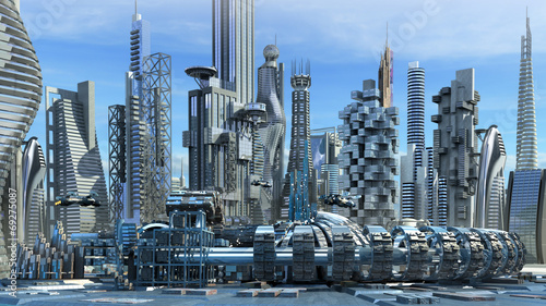 Tapeta ścienna Science fiction panoramę miasta z metalowymi wieżowcami