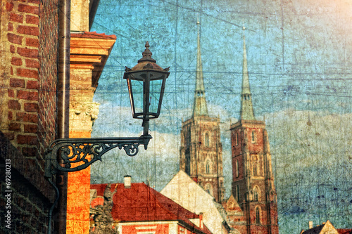 Board z aluminiowym obramowaniem Latarnia uliczna na ostrowie tumskim we wrocławiu styl retro