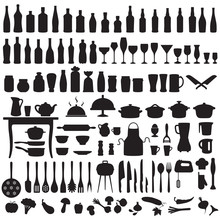Vector Set Silhouettes Of Kitchen Tools, Cooking Icons