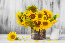 Bouquet Sunflowers Still Life Old Tin