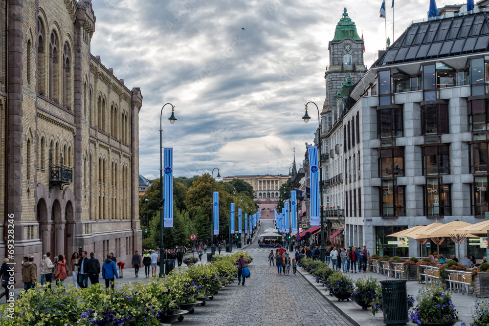 Obraz na płótnie Oslo's main street Karl Johans Gate with the Royal Palace in bac w salonie