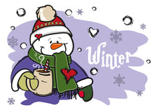 Snowman Drinks Coffee In Winter