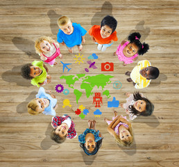 Wall Mural - Multiethnic Group of Children with World Map