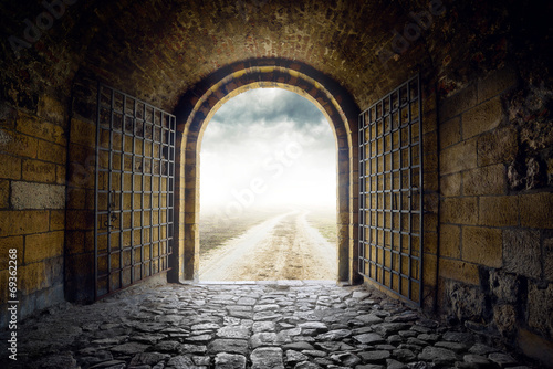 Fotografie, Obraz Gate opening to endless road leading nowhere