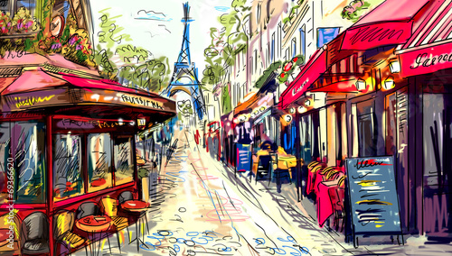 Naklejka uliczka francuska  ulica-w-paryzu-ilustracja