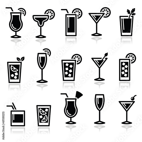 Fotografie, Obraz Cocktails, drinks glasses vector icons set